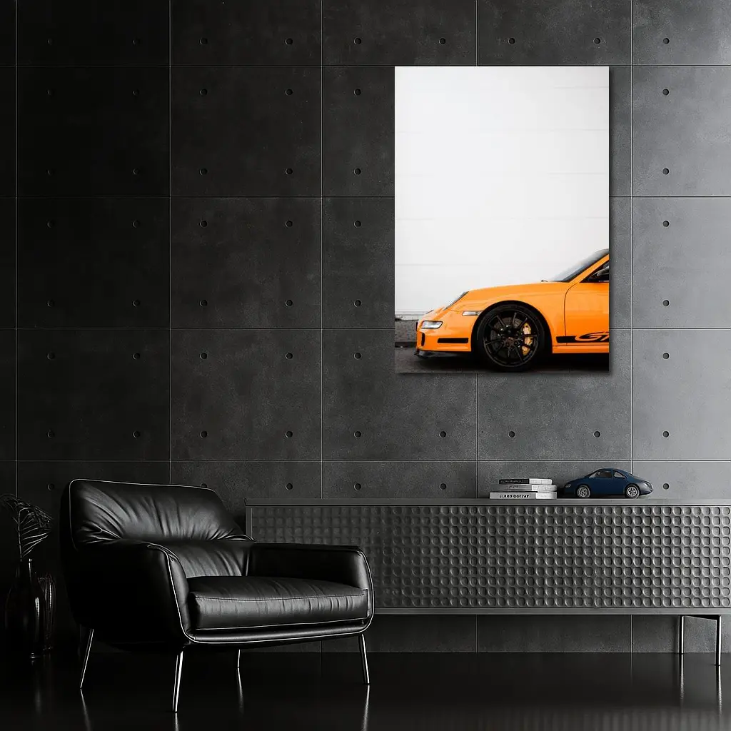 Orange Porsche GT3 Against White Wall – Wall Art
