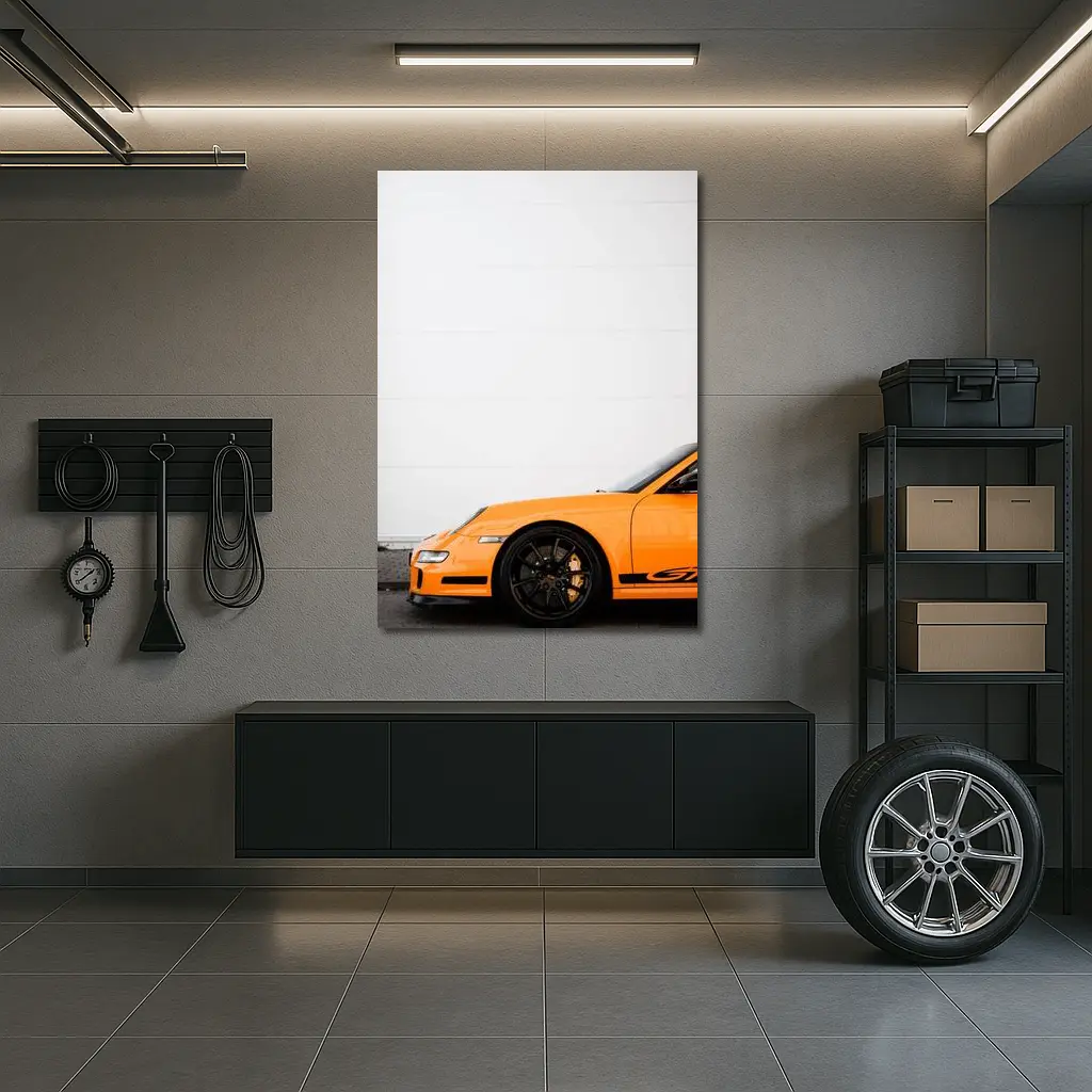 Orange Porsche GT3 Against White Wall – Wall Art
