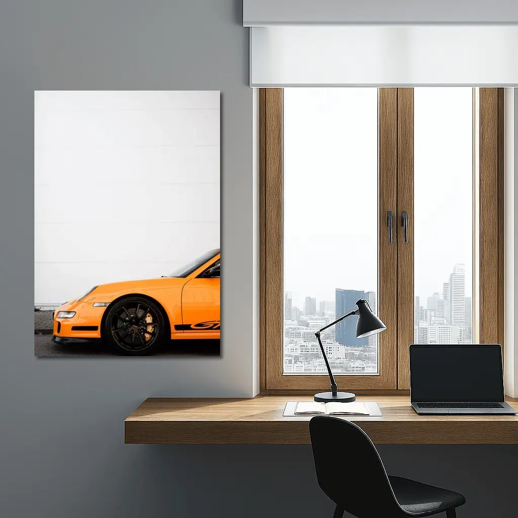 Orange Porsche GT3 Against White Wall – Wall Art