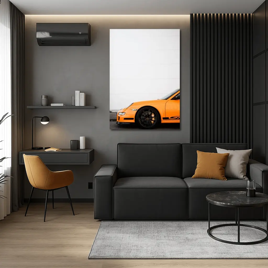 Orange Porsche GT3 Against White Wall – Wall Art
