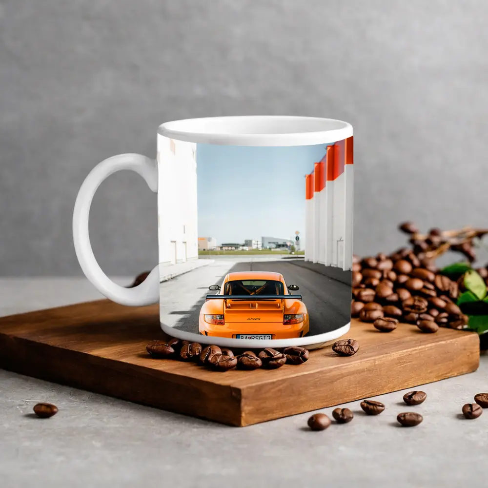 Porsche GT3 RS Orange Rear Street View – Mugs