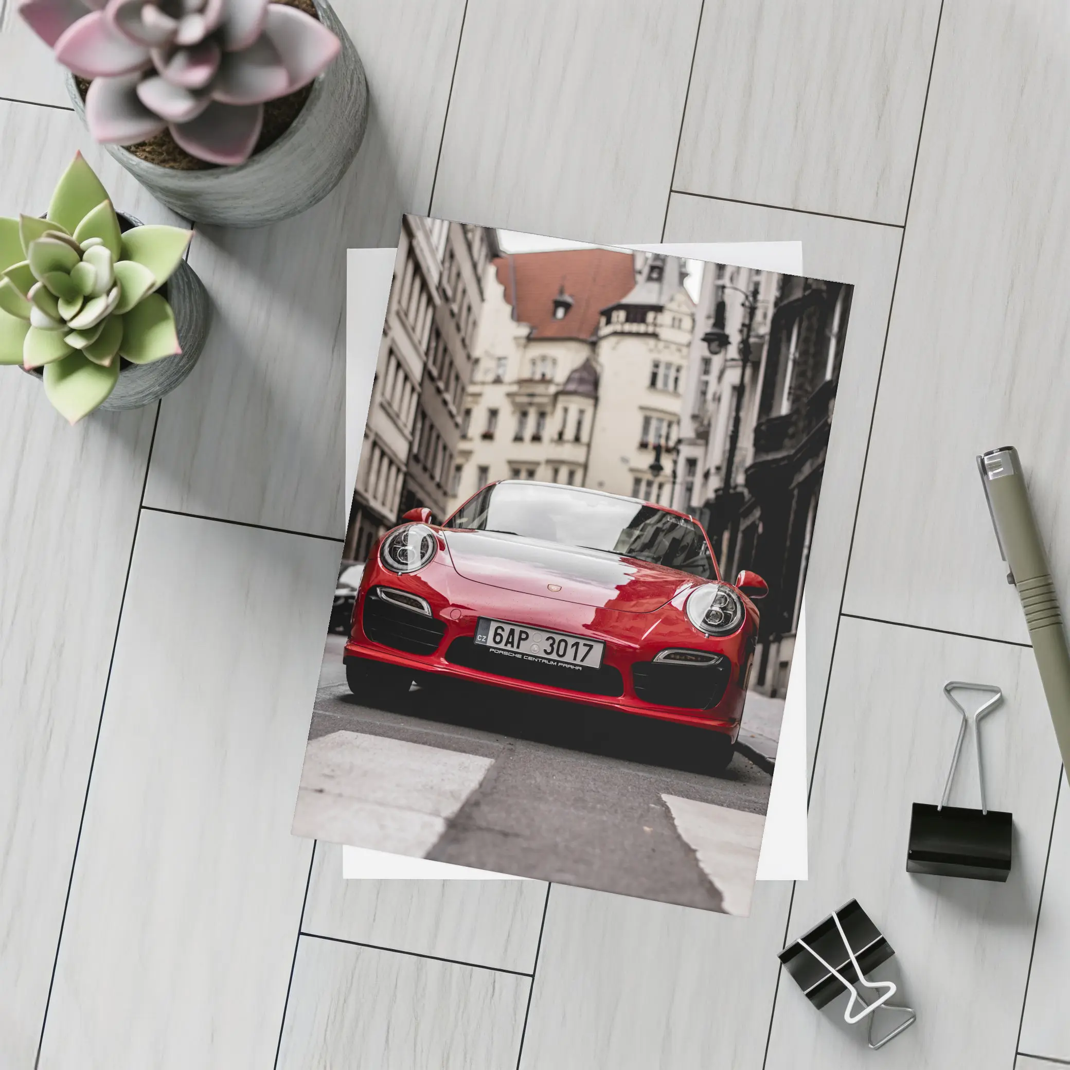 Red Porsche 911 Prague City Street – Postcards