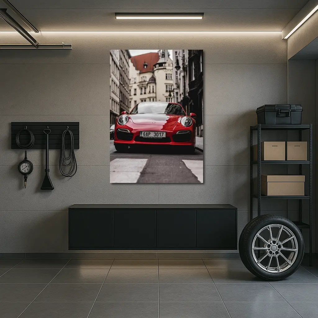Red Porsche 911 Prague City Street – Wall Art
