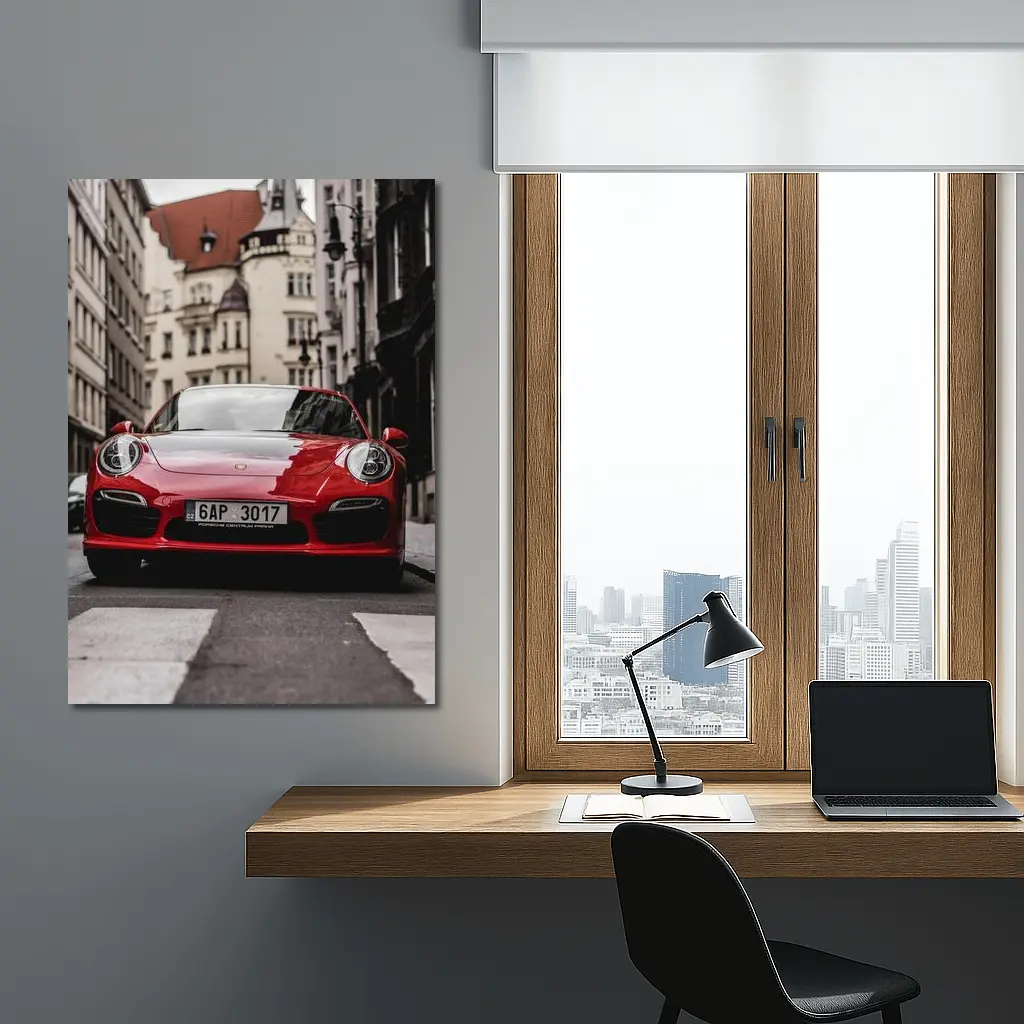 Red Porsche 911 Prague City Street – Wall Art