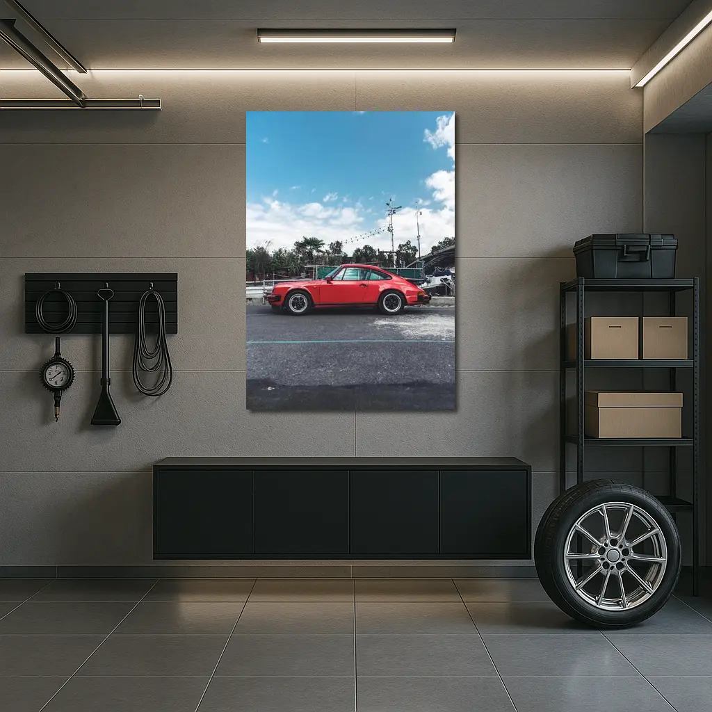 Red Porsche 911 Parked Under Blue Sky – Wall Art
