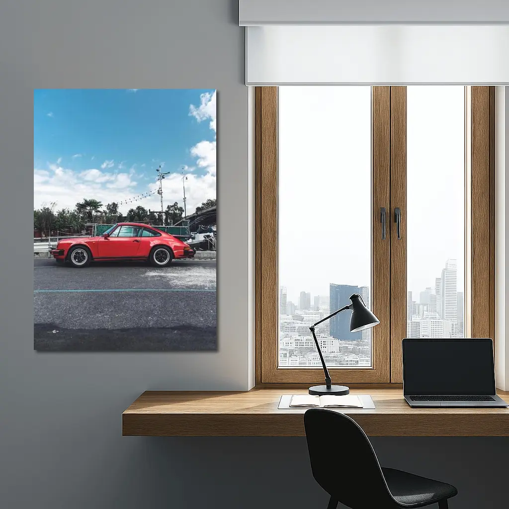 Red Porsche 911 Parked Under Blue Sky – Wall Art