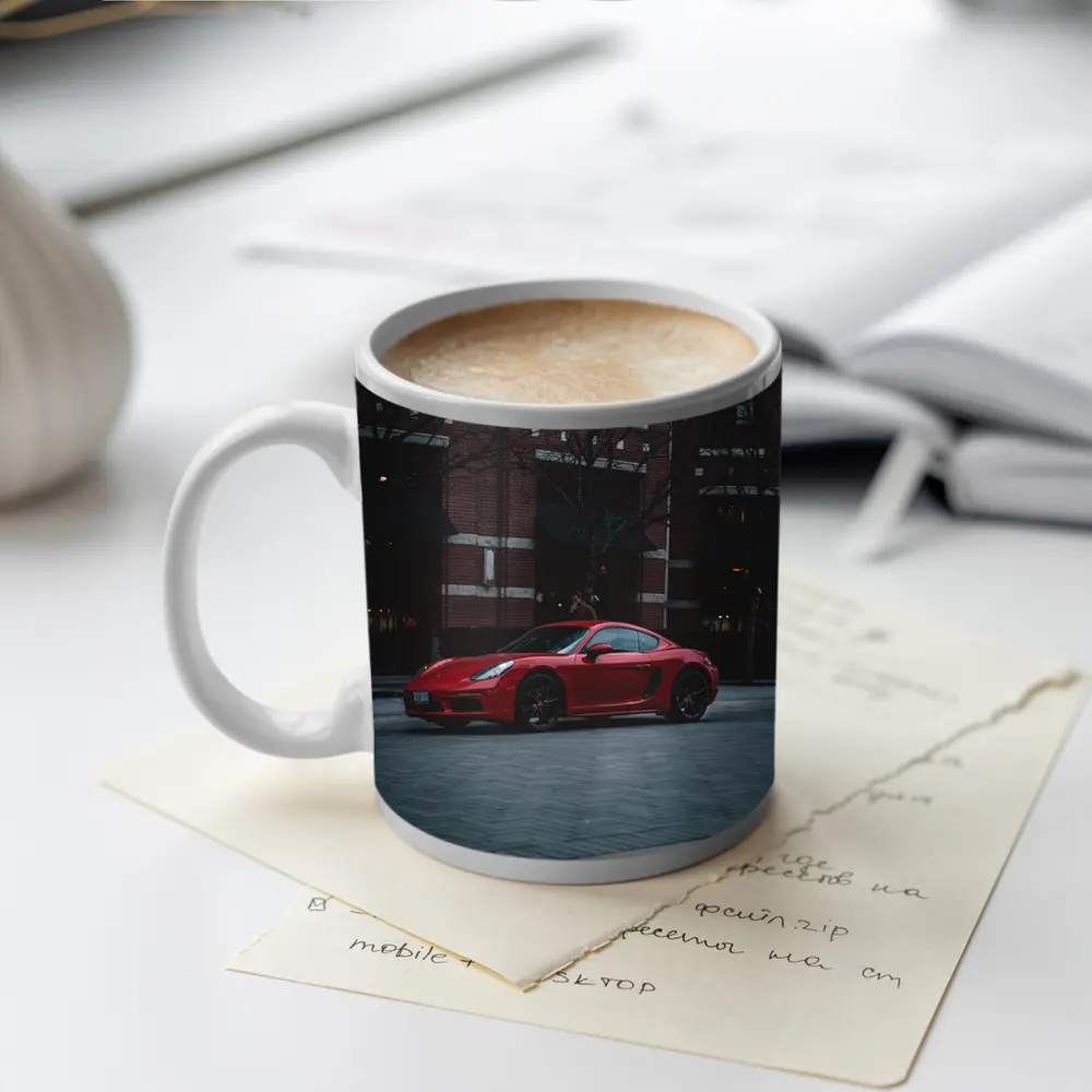 Red Porsche Cayman Urban Street Night – Mugs