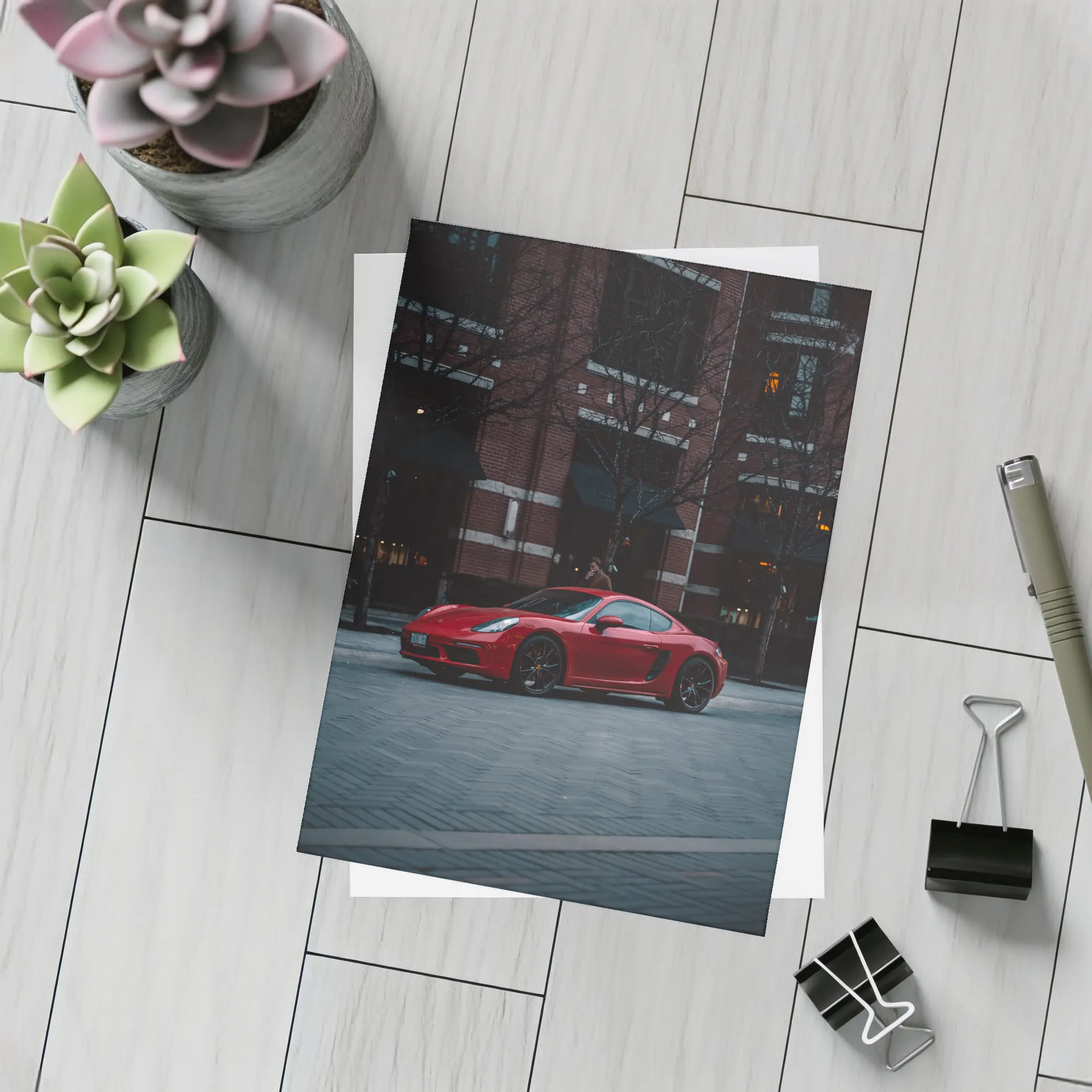 Red Porsche Cayman Urban Street Night – Postcards