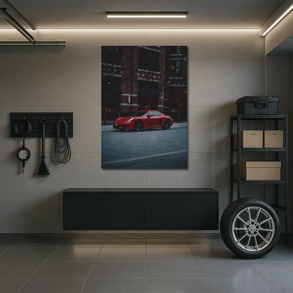 Red Porsche Cayman Urban Street Night – Wall Art