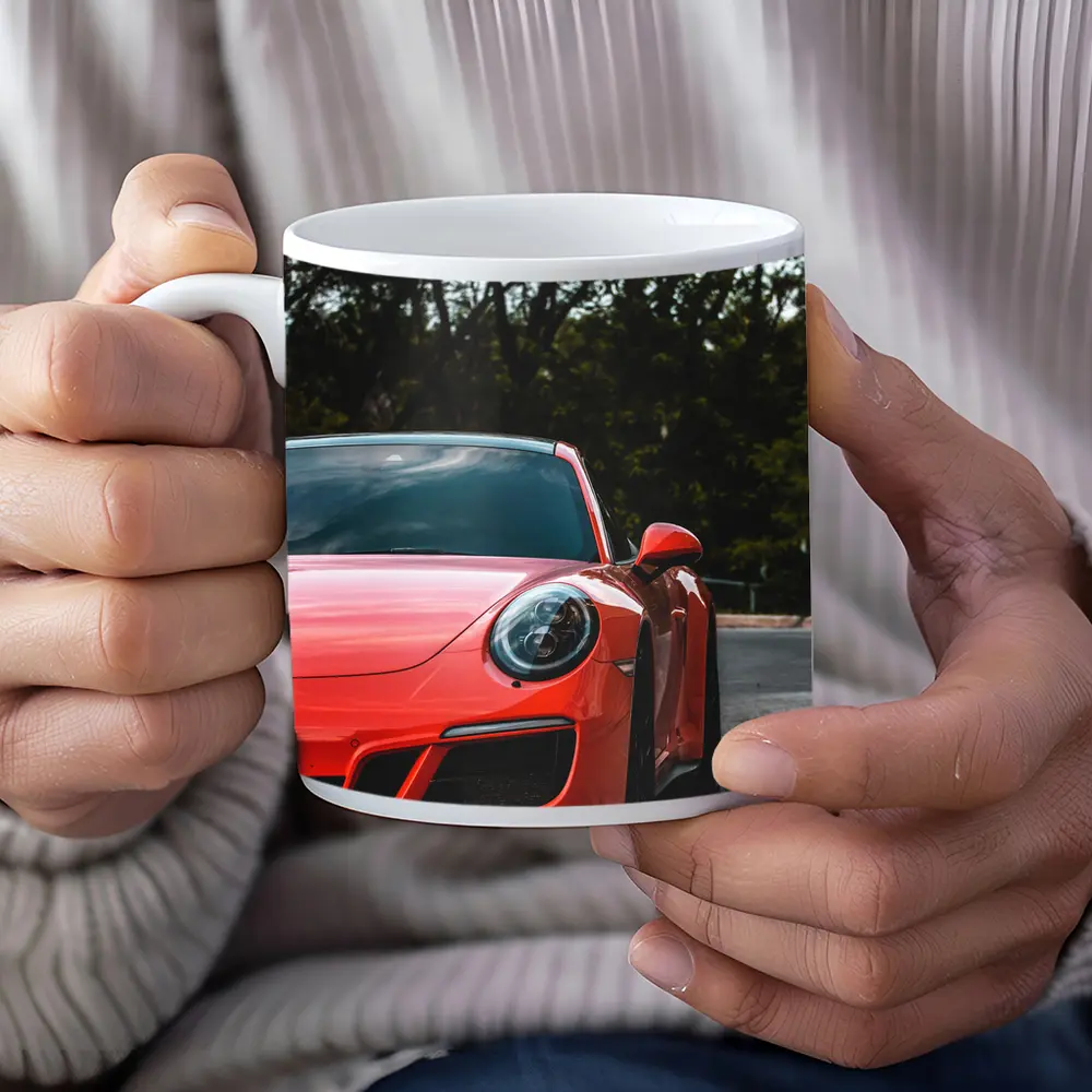 Red Porsche 911 Parked Street Trees – Mugs