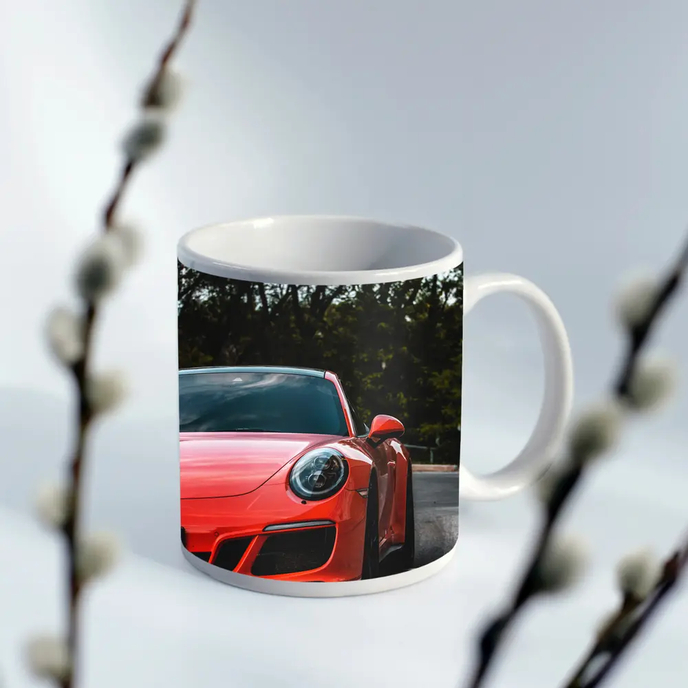 Red Porsche 911 Parked Street Trees – Mugs