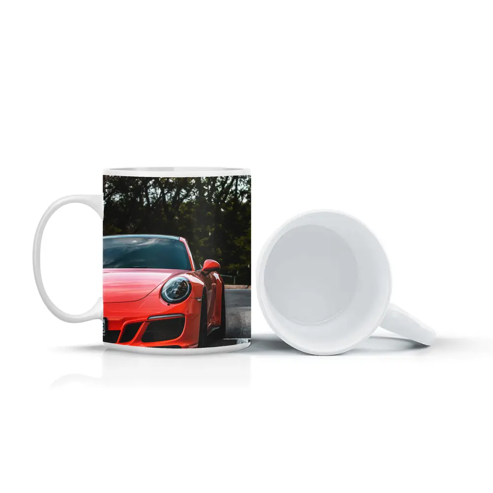 Red Porsche 911 Parked Street Trees – Mugs