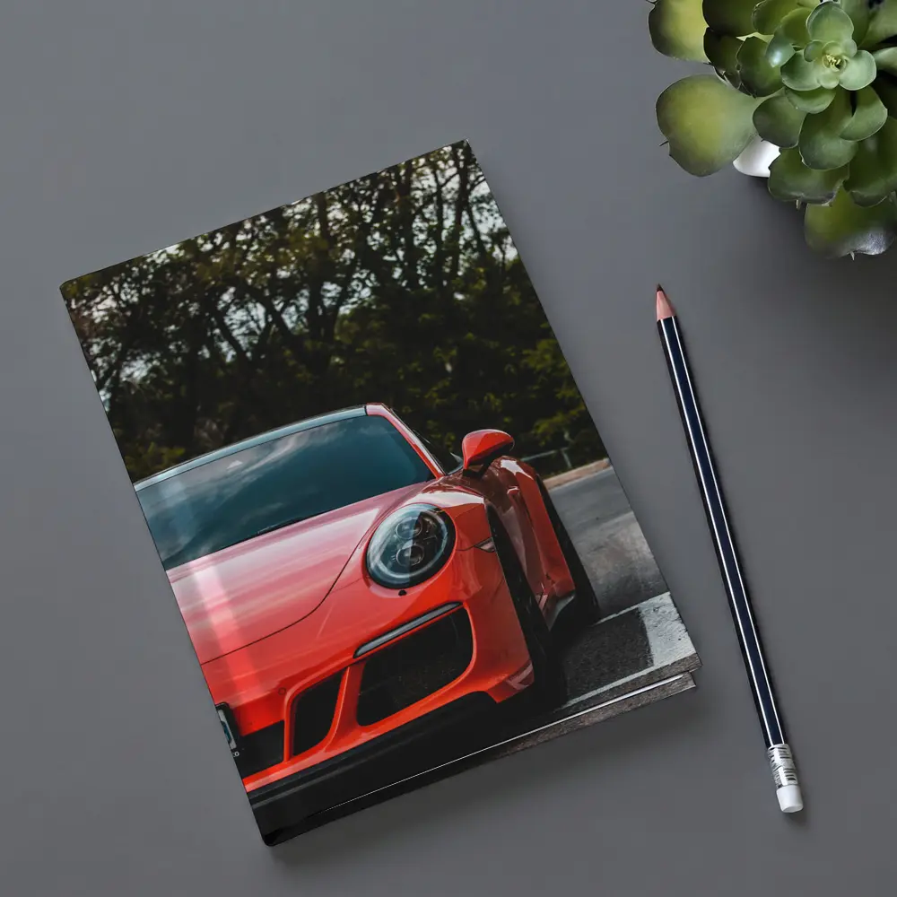 Red Porsche 911 Parked Street Trees – Notebooks