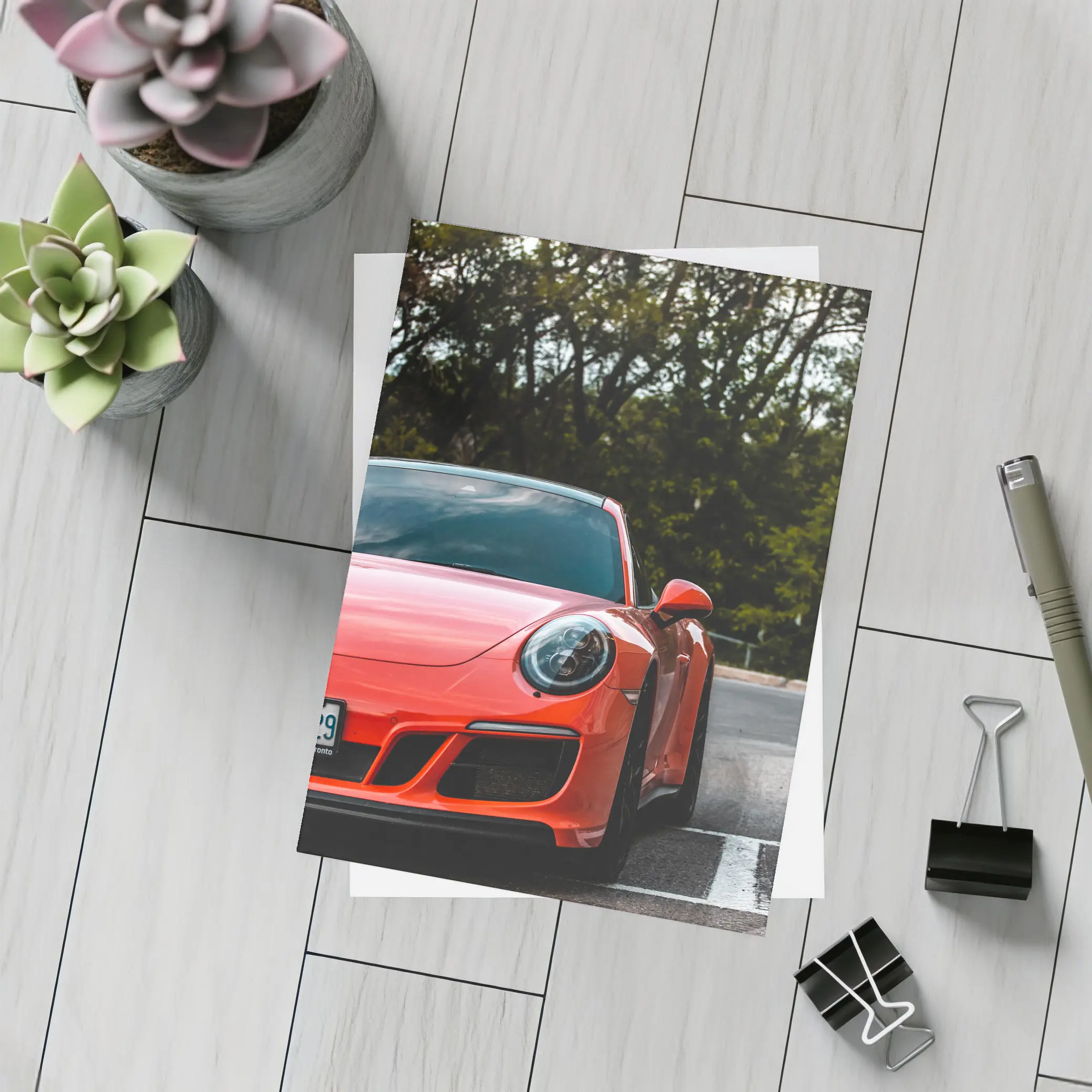 Red Porsche 911 Parked Street Trees – Postcards