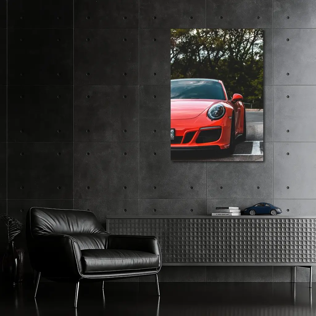 Red Porsche 911 Parked Street Trees – Wall Art