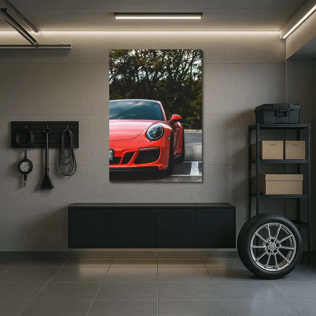 Red Porsche 911 Parked Street Trees – Wall Art