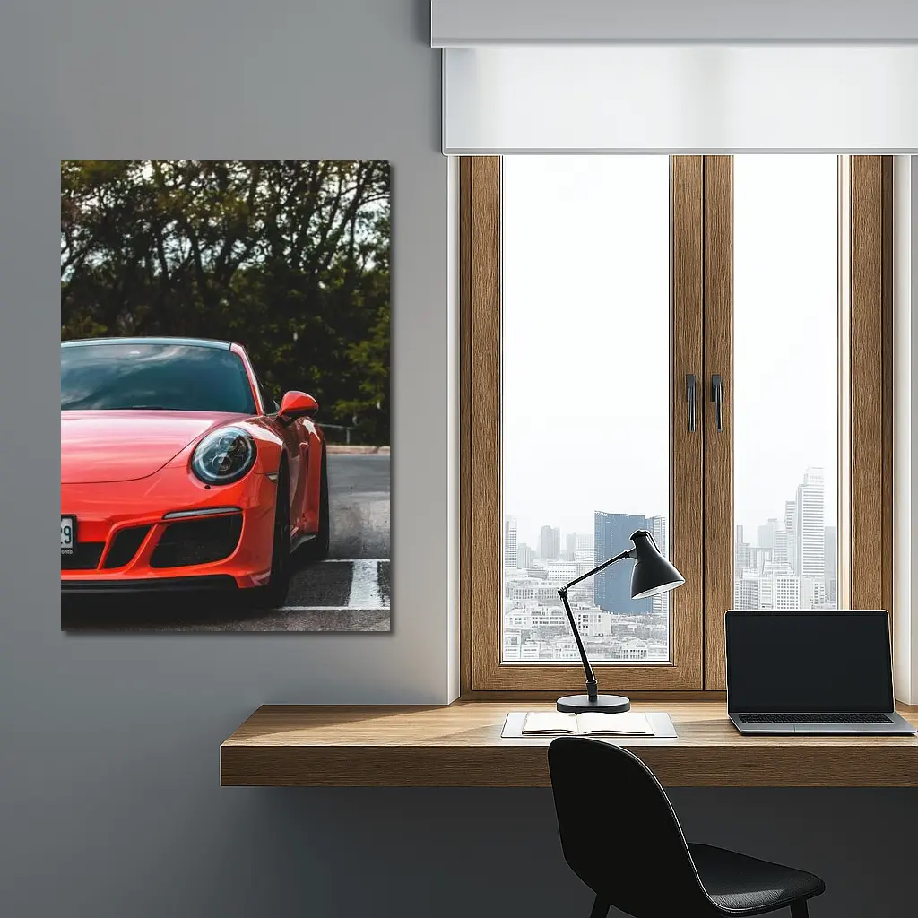 Red Porsche 911 Parked Street Trees – Wall Art