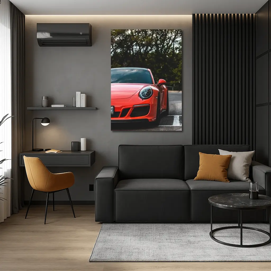 Red Porsche 911 Parked Street Trees – Wall Art