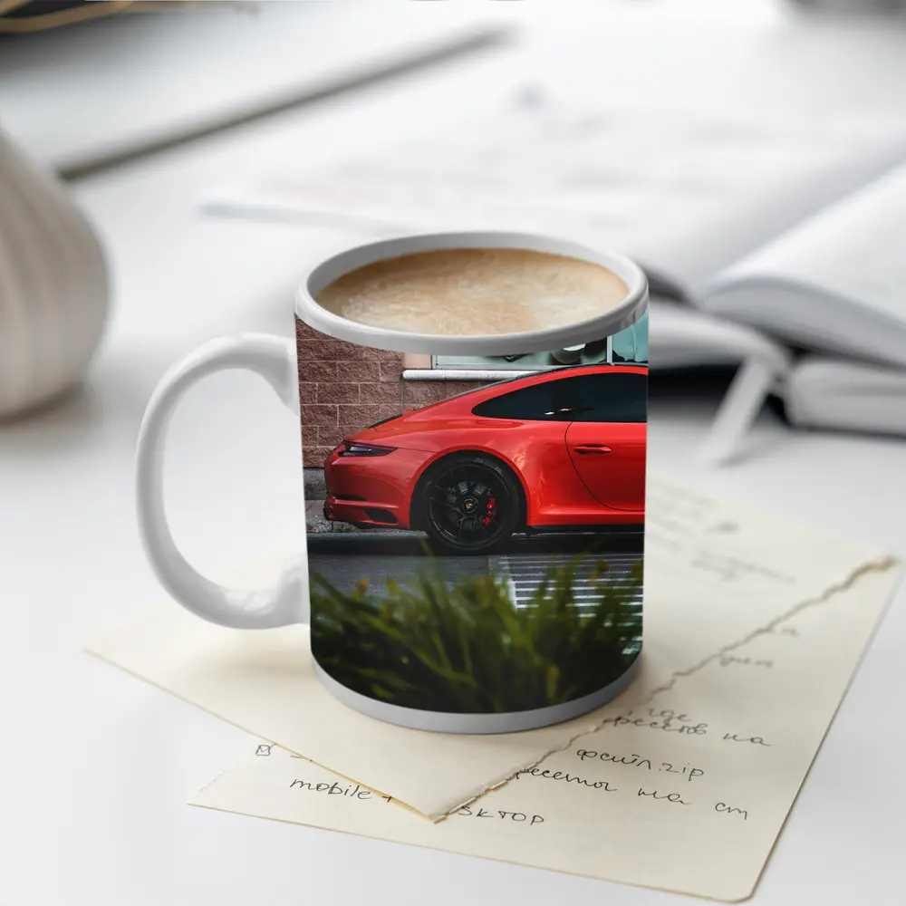 Red Porsche 911 Parked Urban Street Scene – Mugs