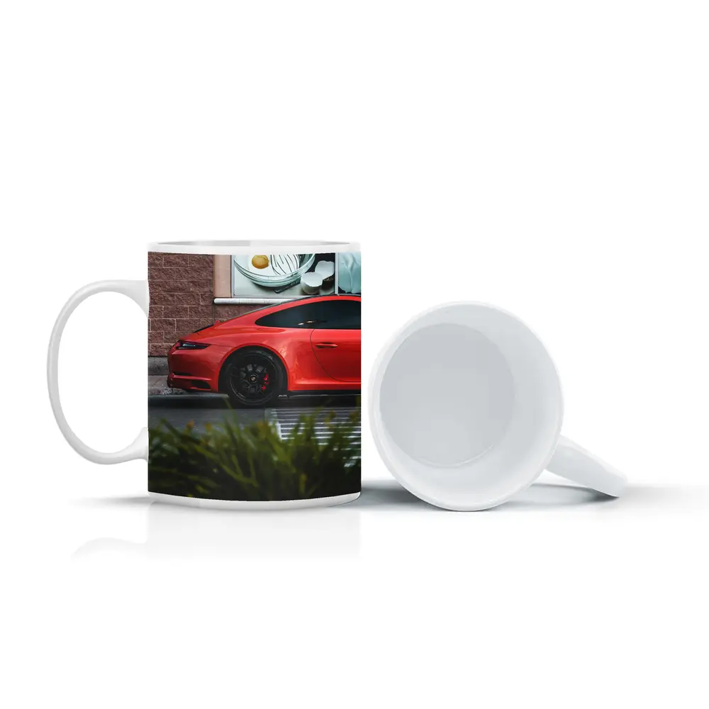 Red Porsche 911 Parked Urban Street Scene – Mugs