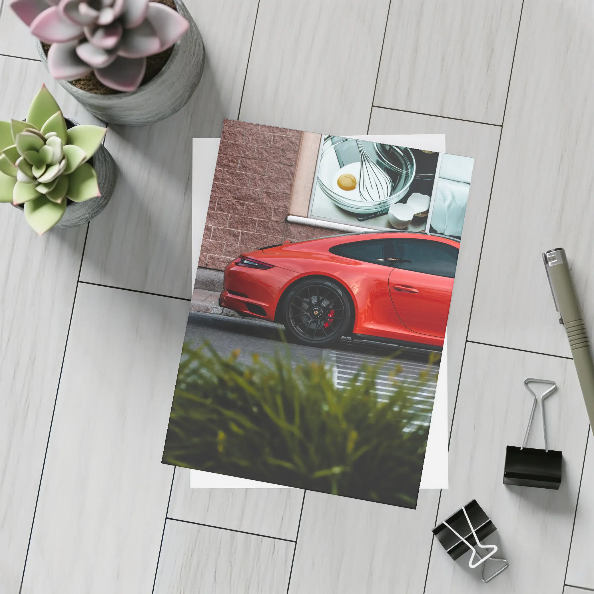 Red Porsche 911 Parked Urban Street Scene – Postcards