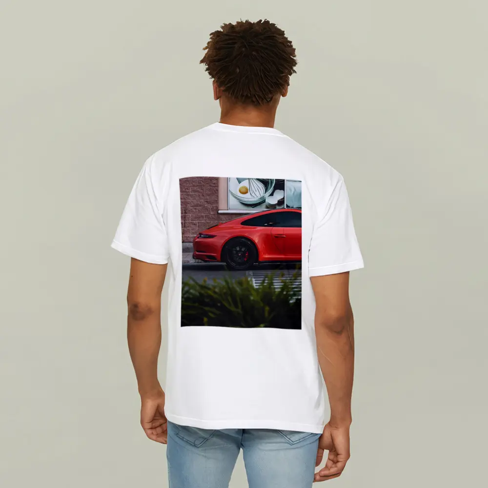Red Porsche 911 Parked Urban Street Scene – T-Shirts