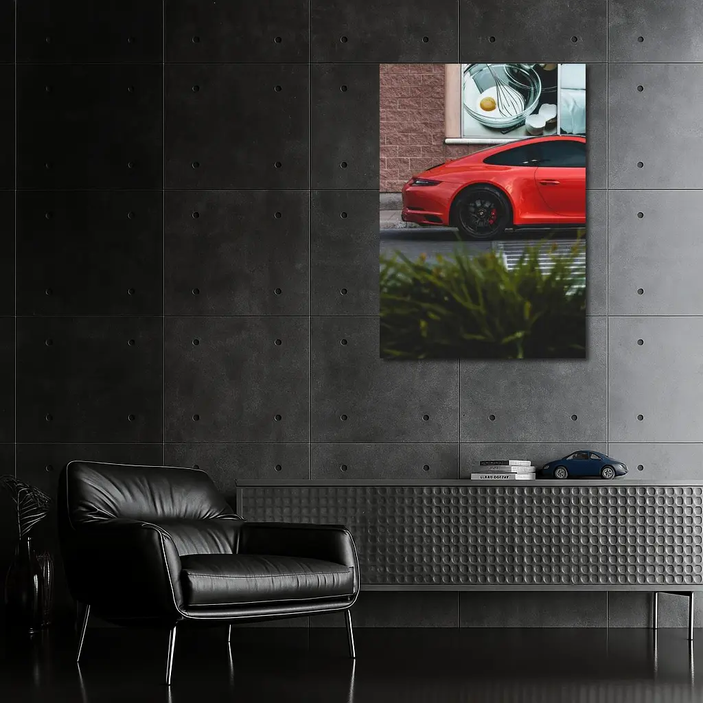 Red Porsche 911 Parked Urban Street Scene – Wall Art