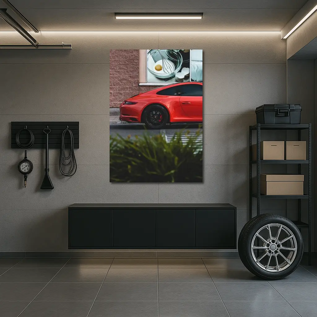 Red Porsche 911 Parked Urban Street Scene – Wall Art