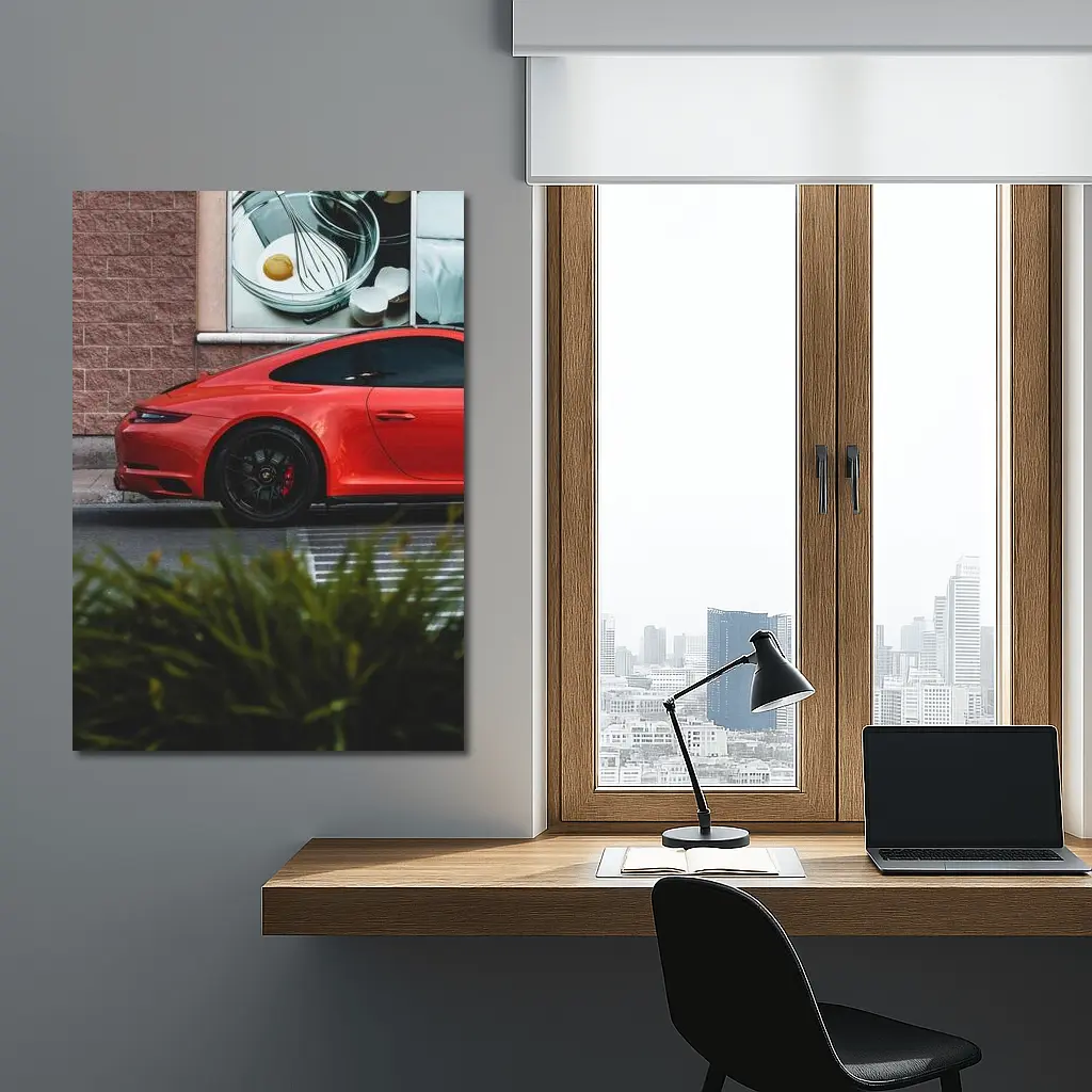 Red Porsche 911 Parked Urban Street Scene – Wall Art