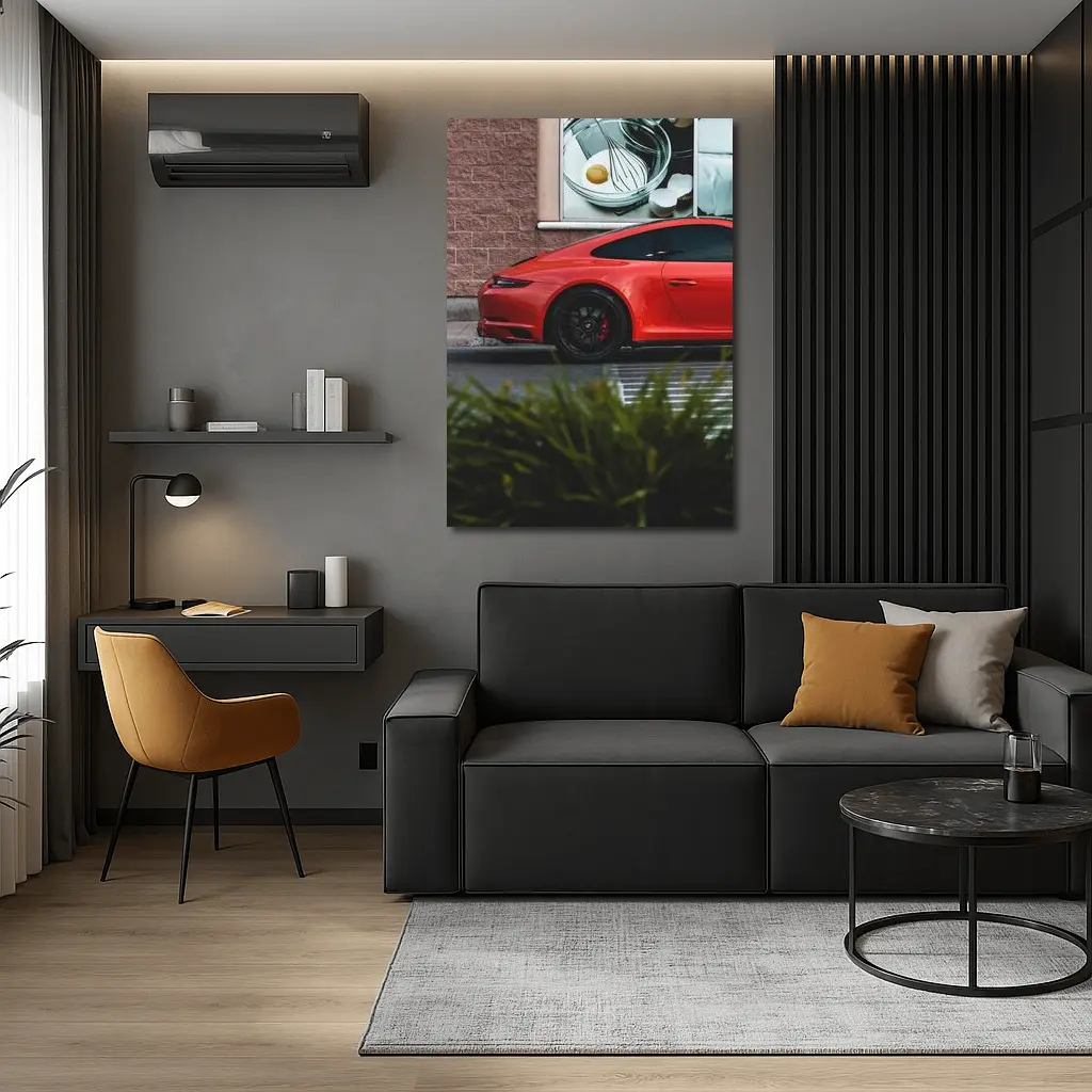 Red Porsche 911 Parked Urban Street Scene – Wall Art