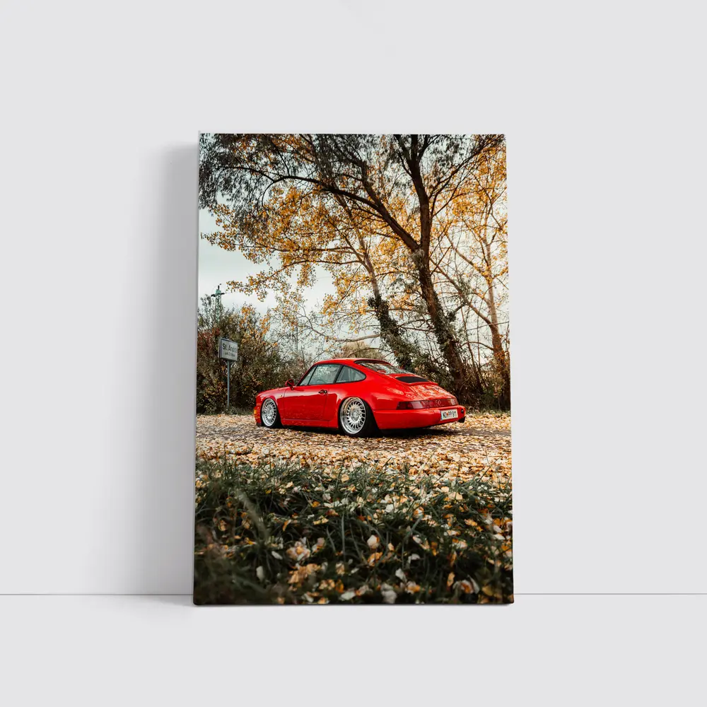 Red Porsche 911 Parked Among Autumn Leaves – Wall Art