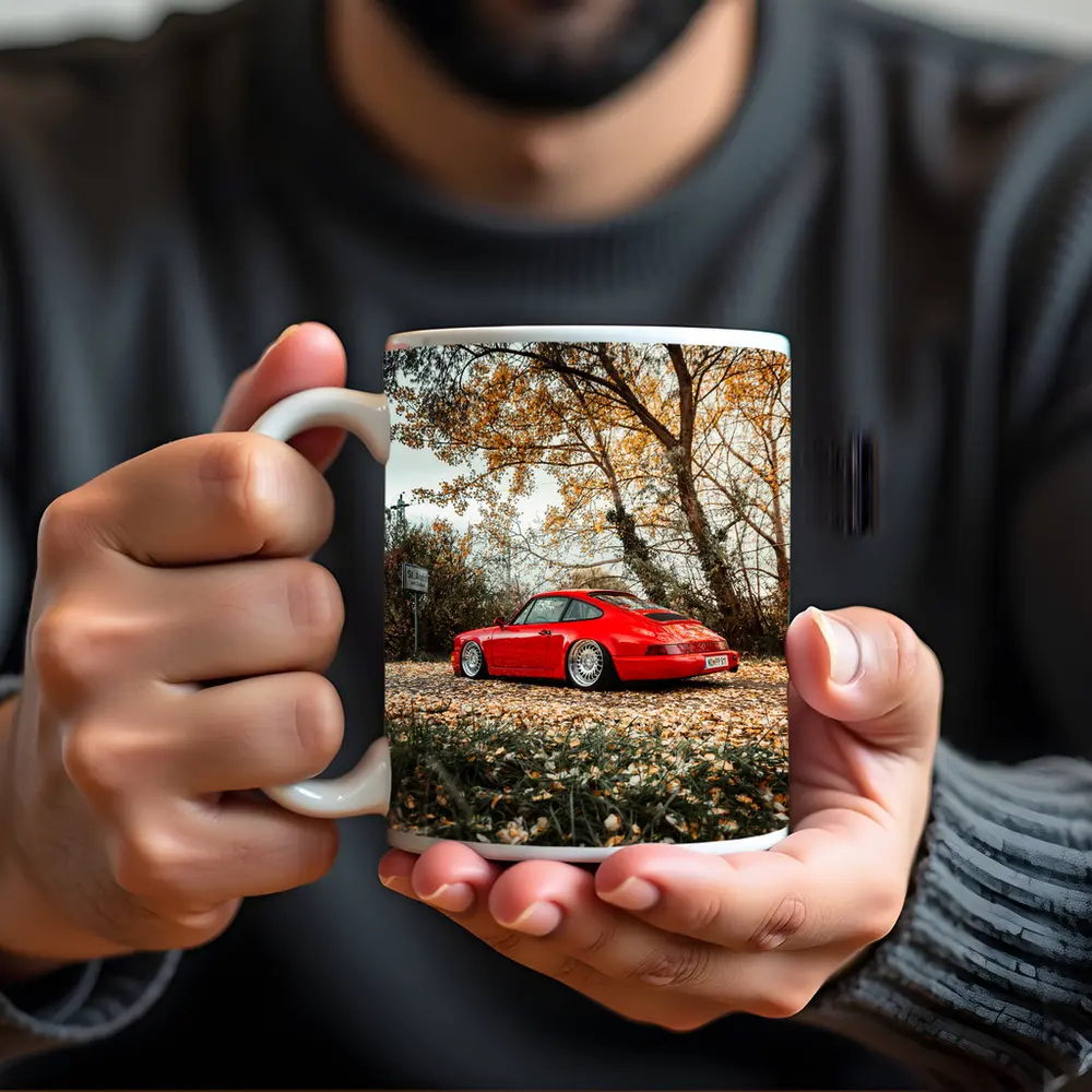 Red Porsche 911 Parked Among Autumn Leaves – Mugs