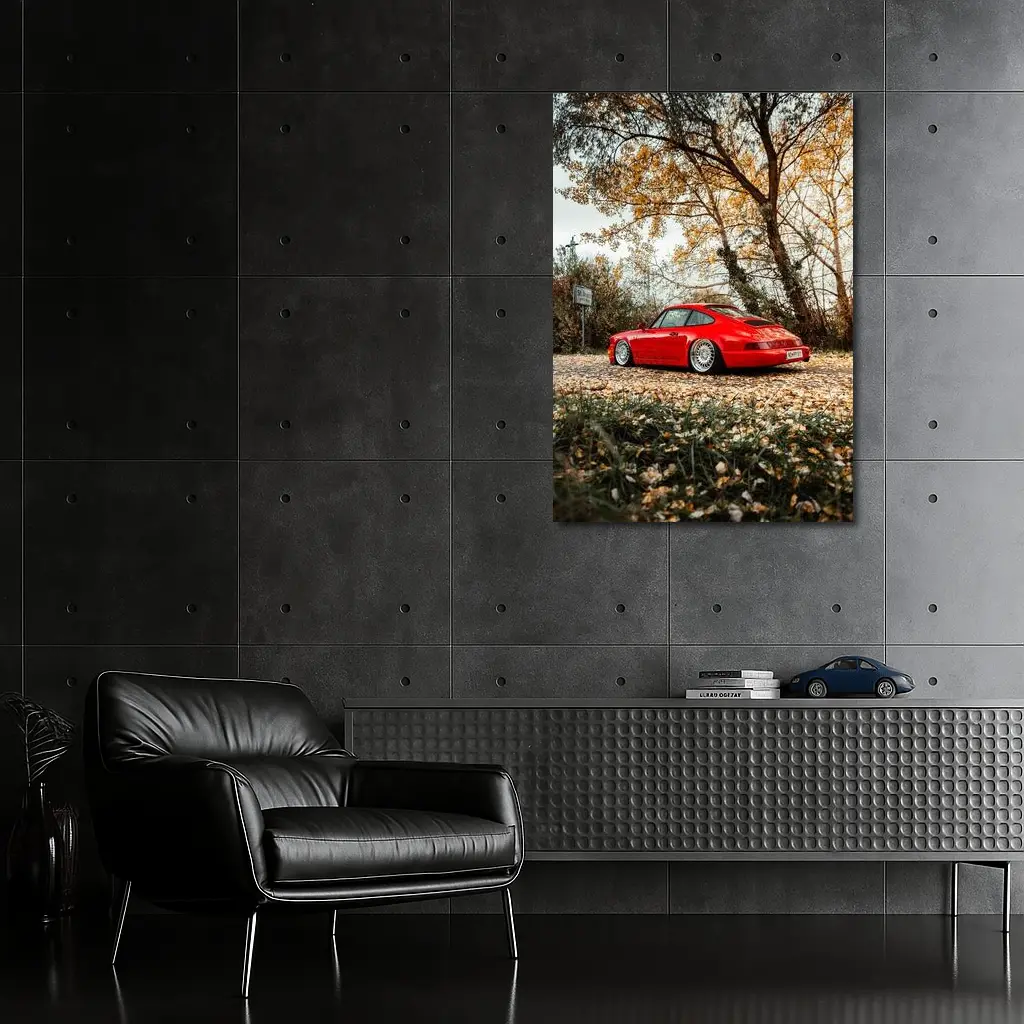 Red Porsche 911 Parked Among Autumn Leaves – Wall Art