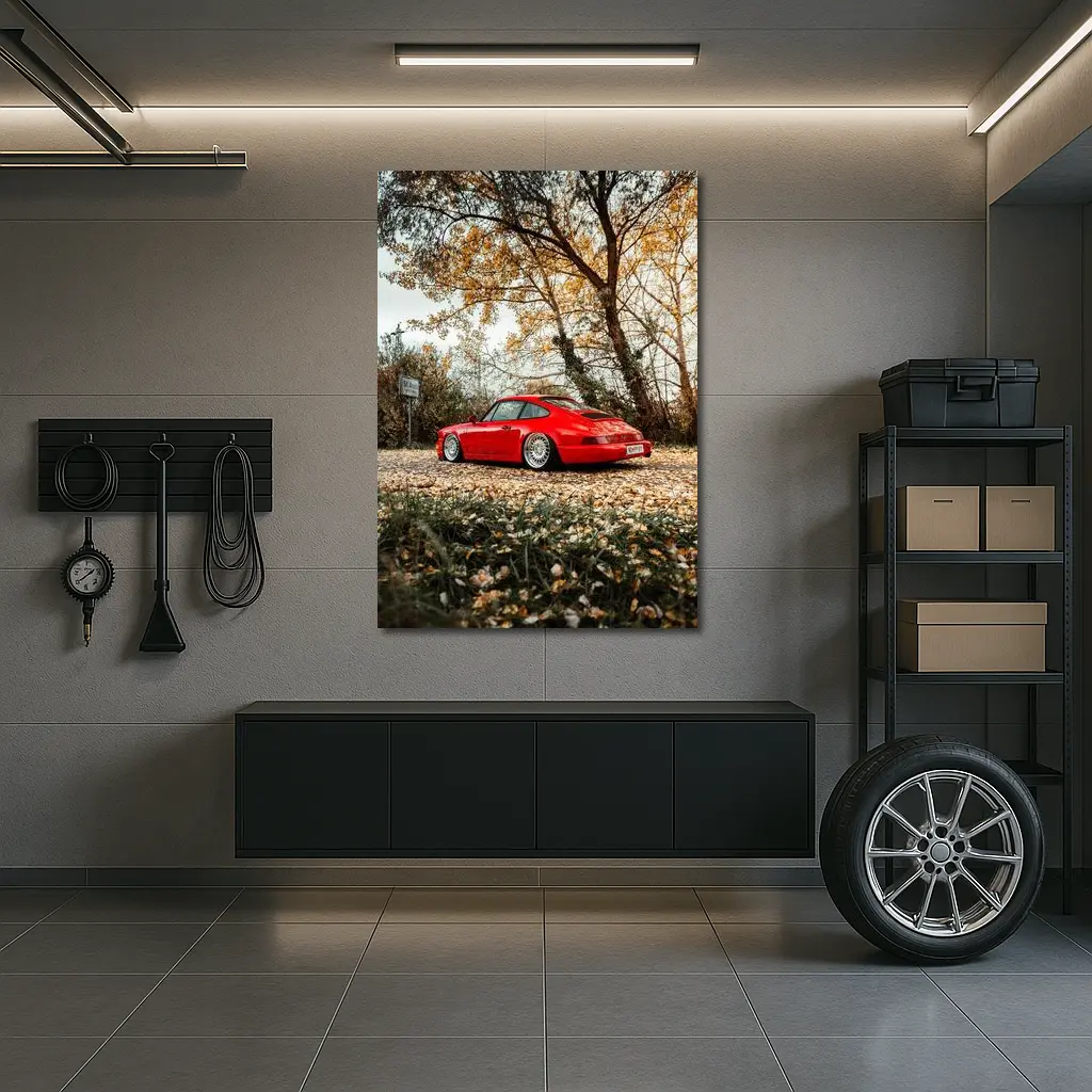 Red Porsche 911 Parked Among Autumn Leaves – Wall Art