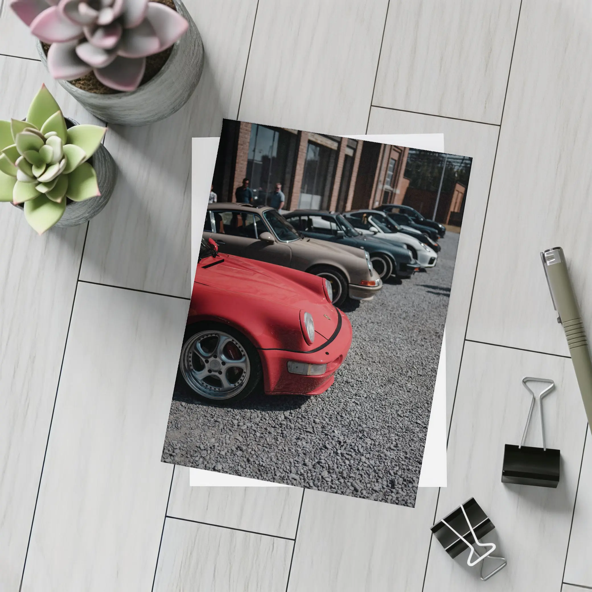 Porsche 911 Fleet Parked Urban Gravel Lot – Postcards