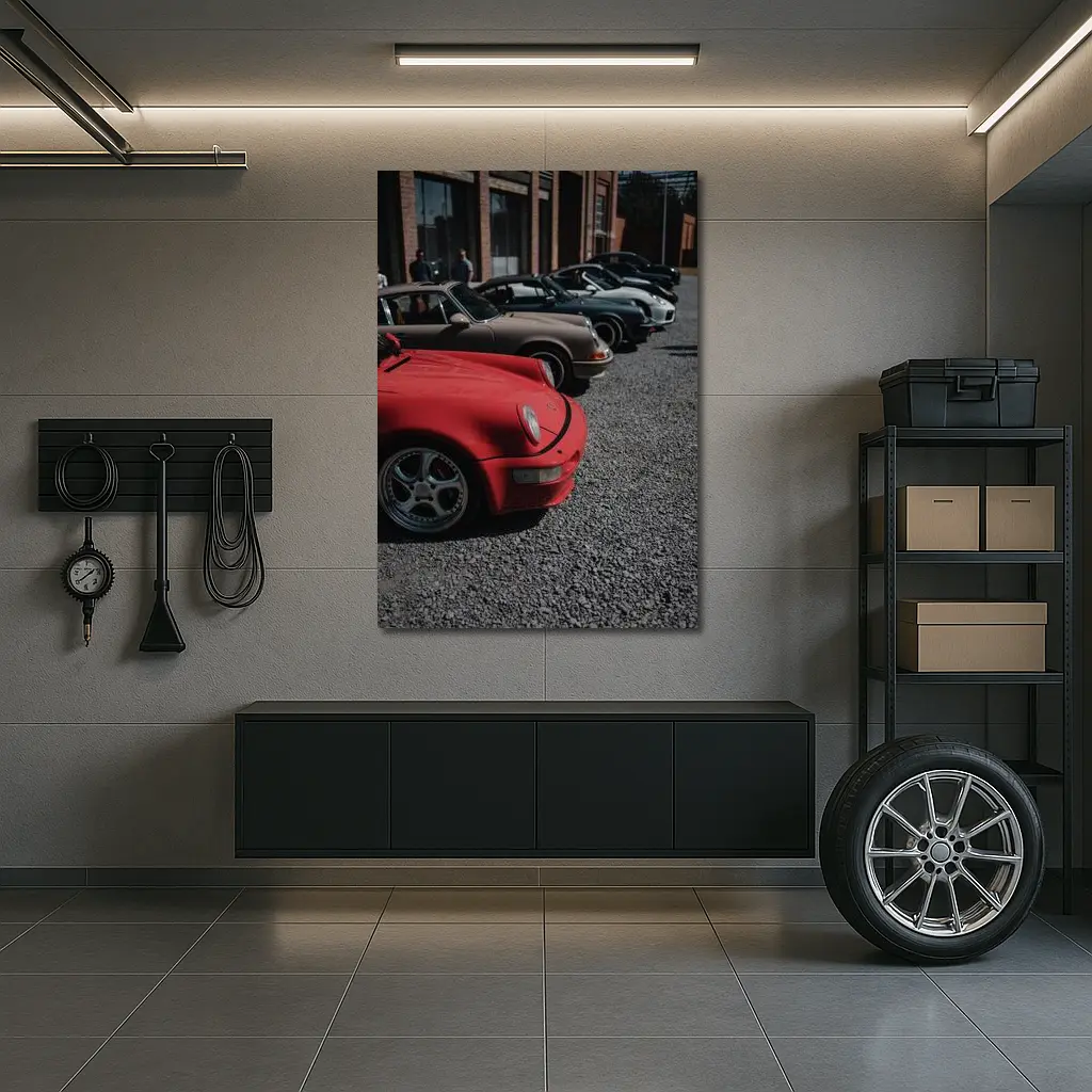 Porsche 911 Fleet Parked Urban Gravel Lot – Wall Art