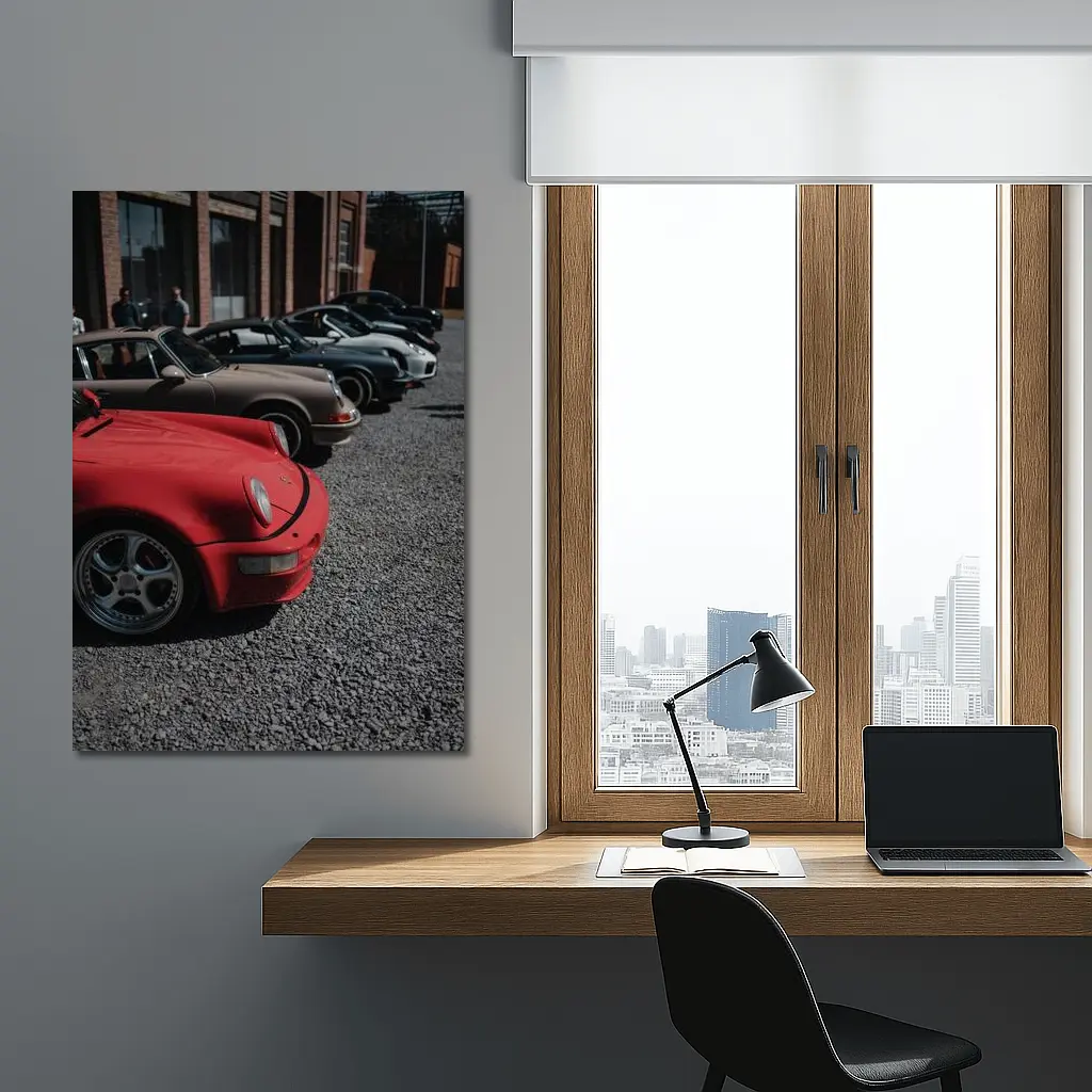 Porsche 911 Fleet Parked Urban Gravel Lot – Wall Art