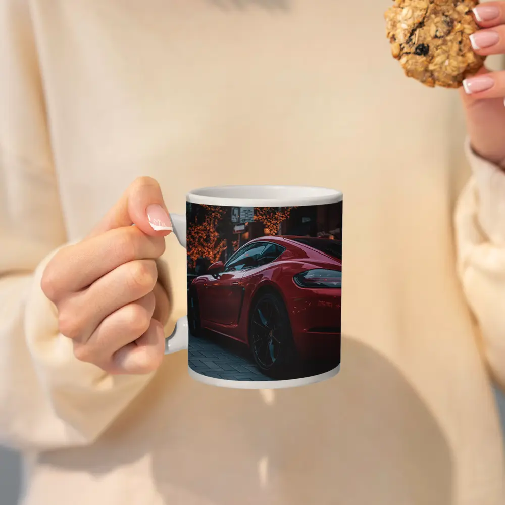 Red Porsche Cayman City Street Night – Mugs