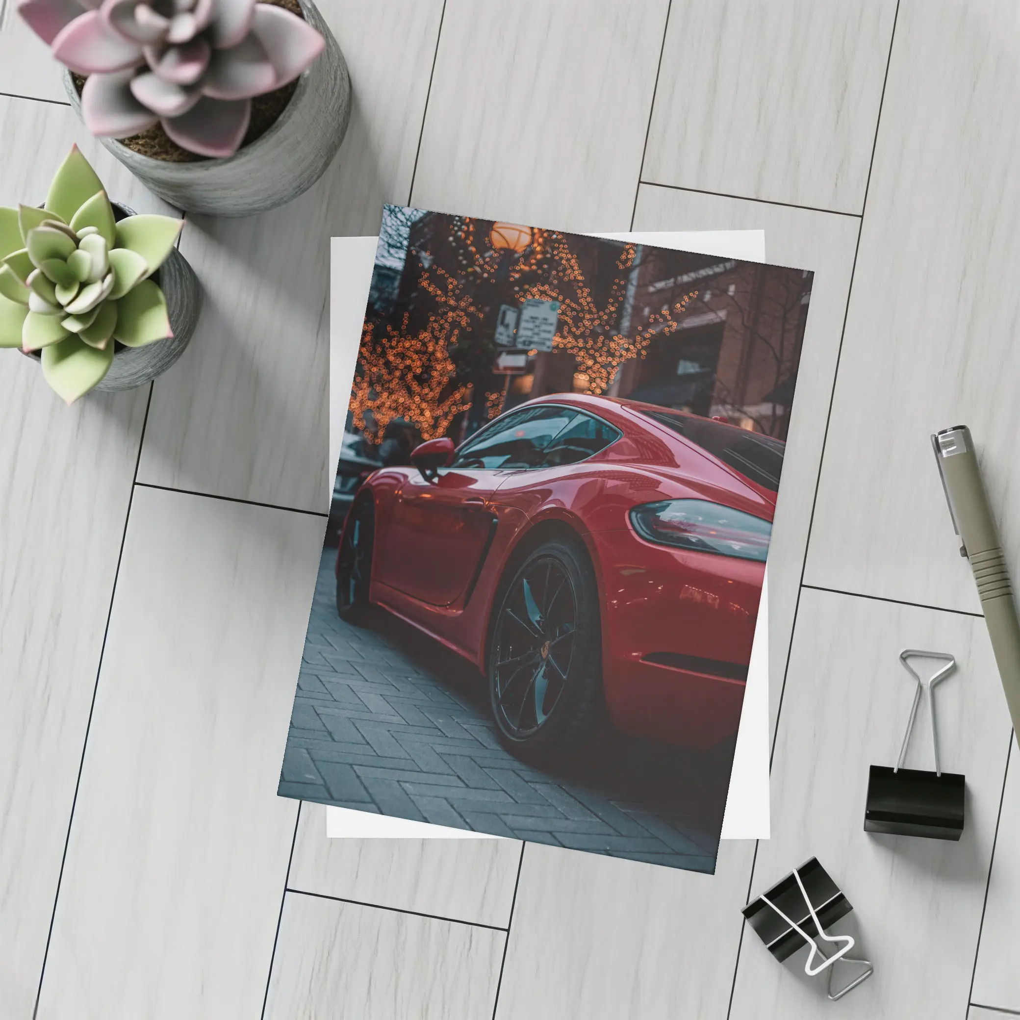 Red Porsche Cayman City Street Night – Postcards