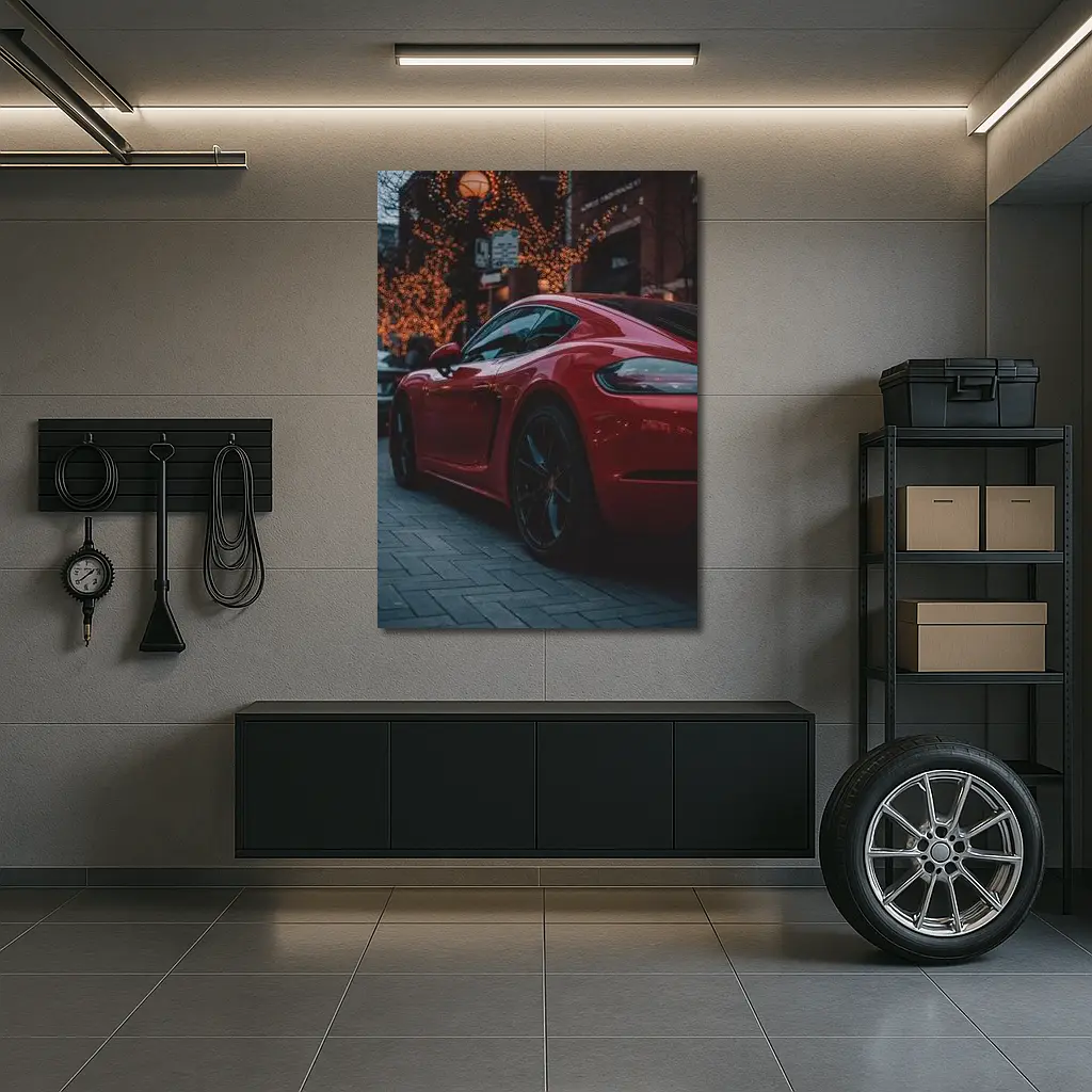 Red Porsche Cayman City Street Night – Wall Art