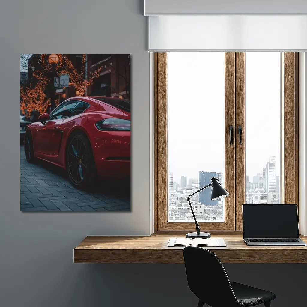 Red Porsche Cayman City Street Night – Wall Art