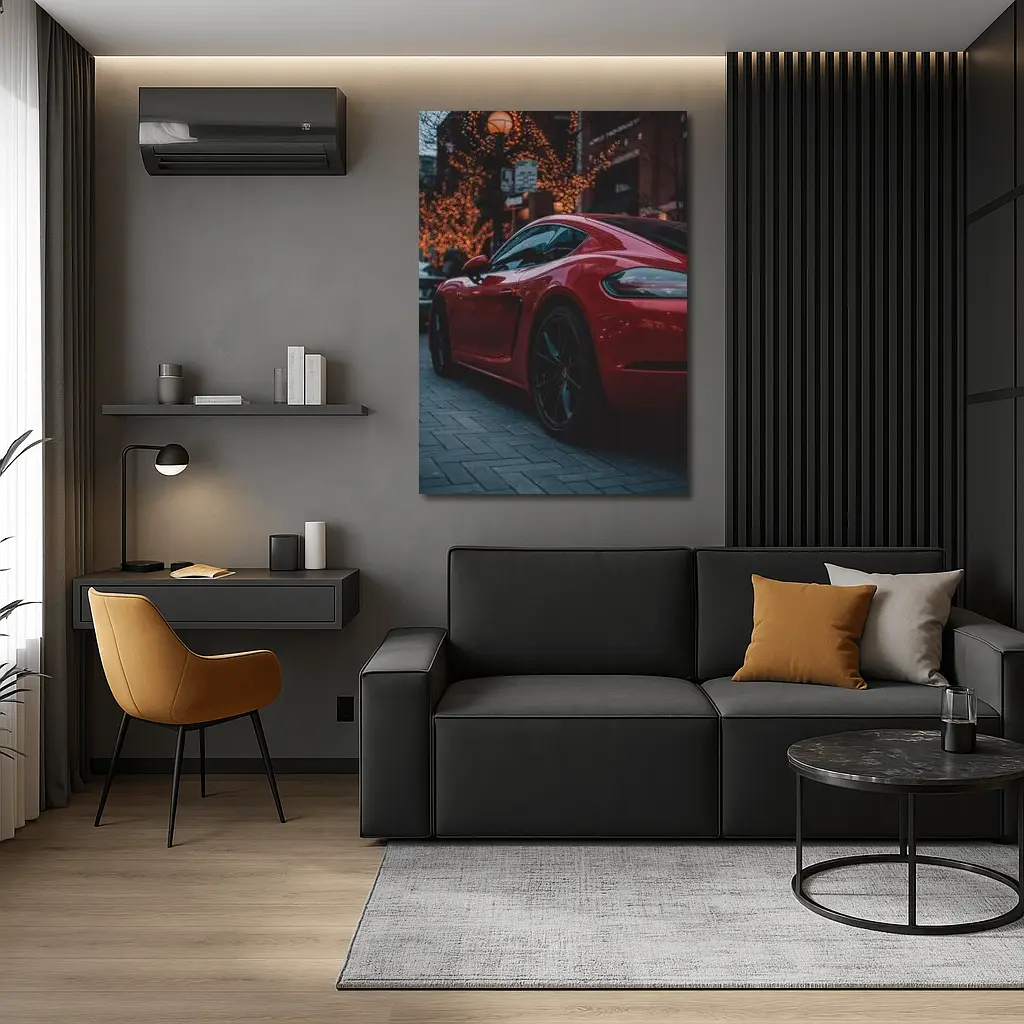 Red Porsche Cayman City Street Night – Wall Art