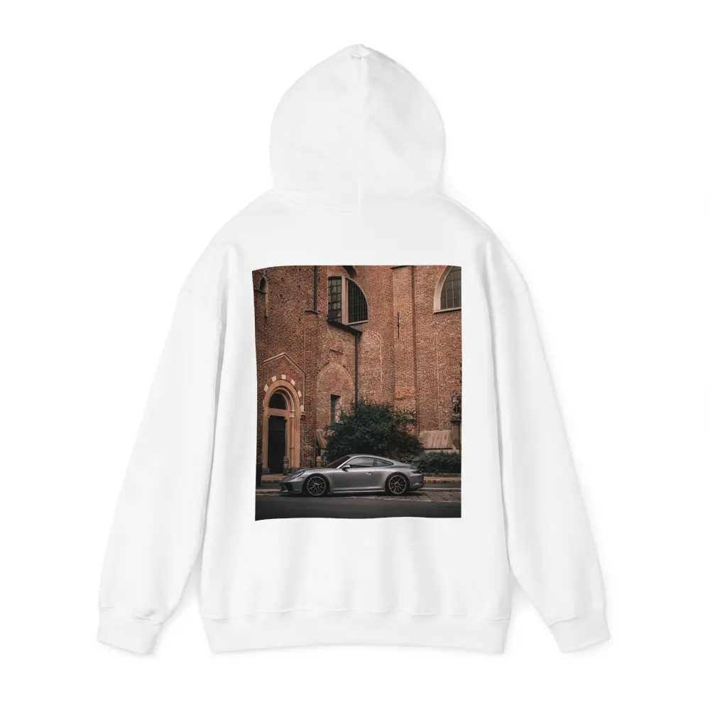 Porsche 911 GT3 Silver Beside Brick Church – Hoodies