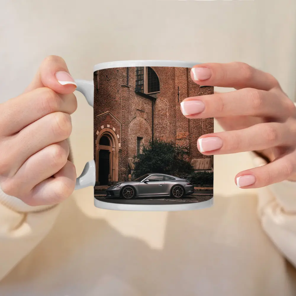 Porsche 911 GT3 Silver Beside Brick Church – Mugs