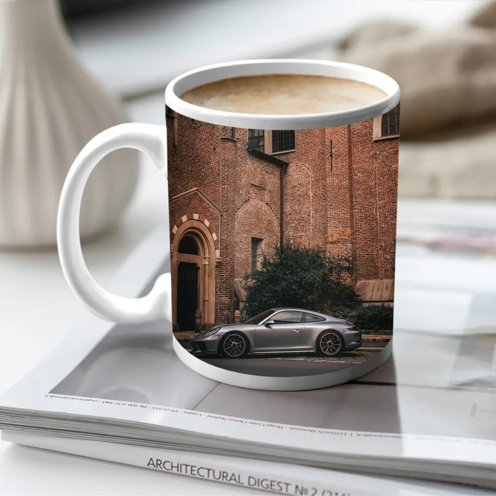 Porsche 911 GT3 Silver Beside Brick Church – Mugs