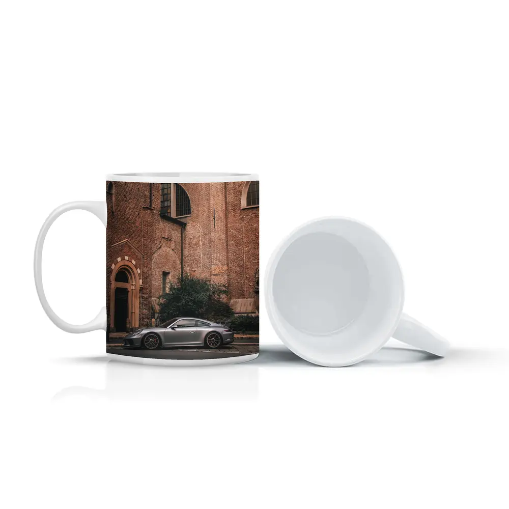 Porsche 911 GT3 Silver Beside Brick Church – Mugs
