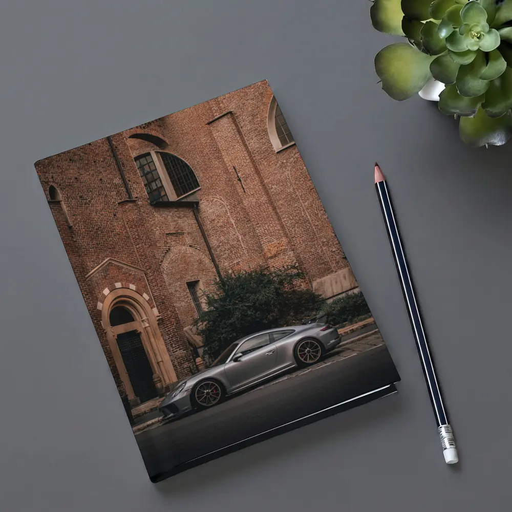 Porsche 911 GT3 Silver Beside Brick Church – Notebooks