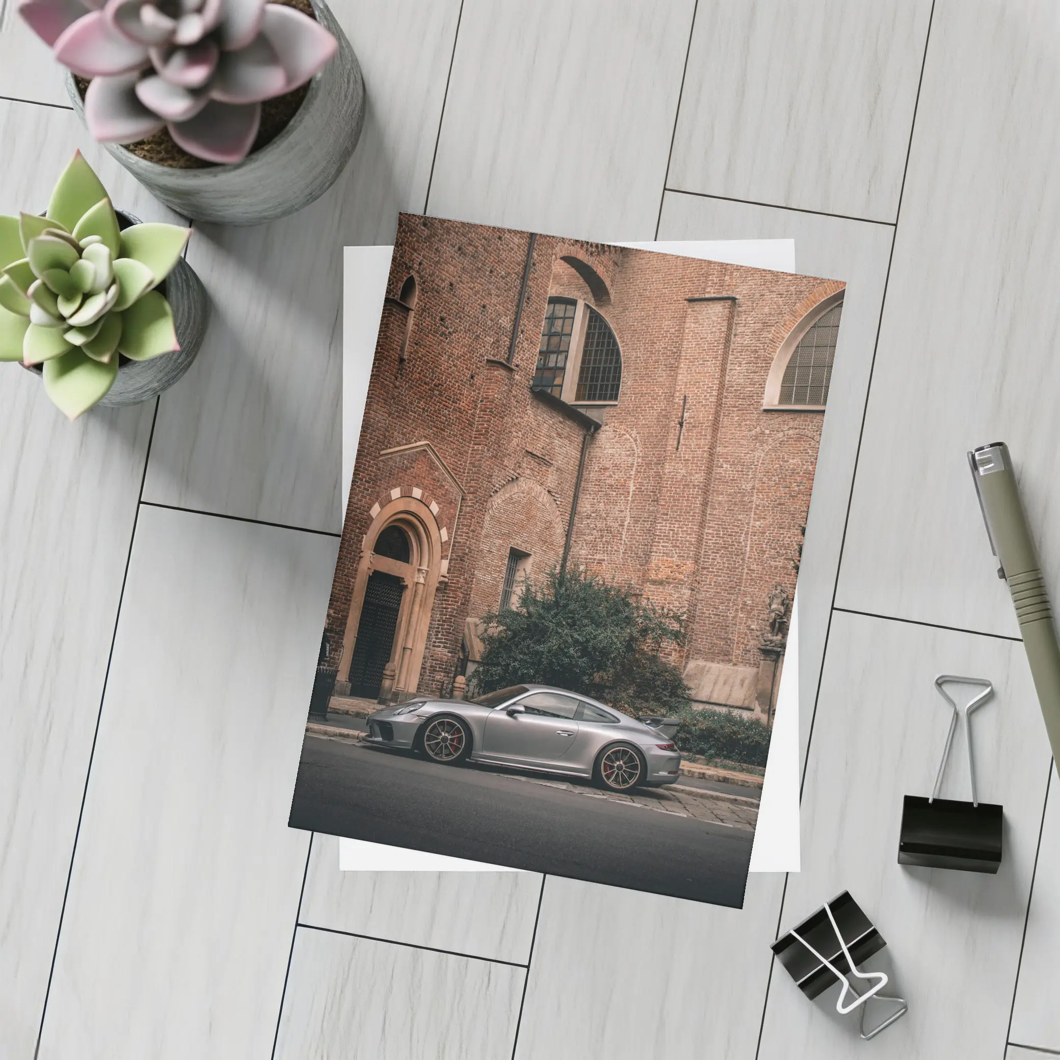 Porsche 911 GT3 Silver Beside Brick Church – Postcards
