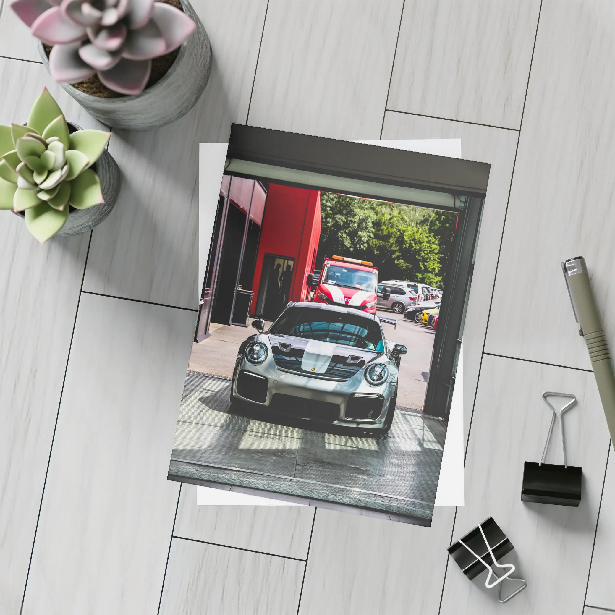 Porsche GT2 RS Silver Inside Garage – Postcards