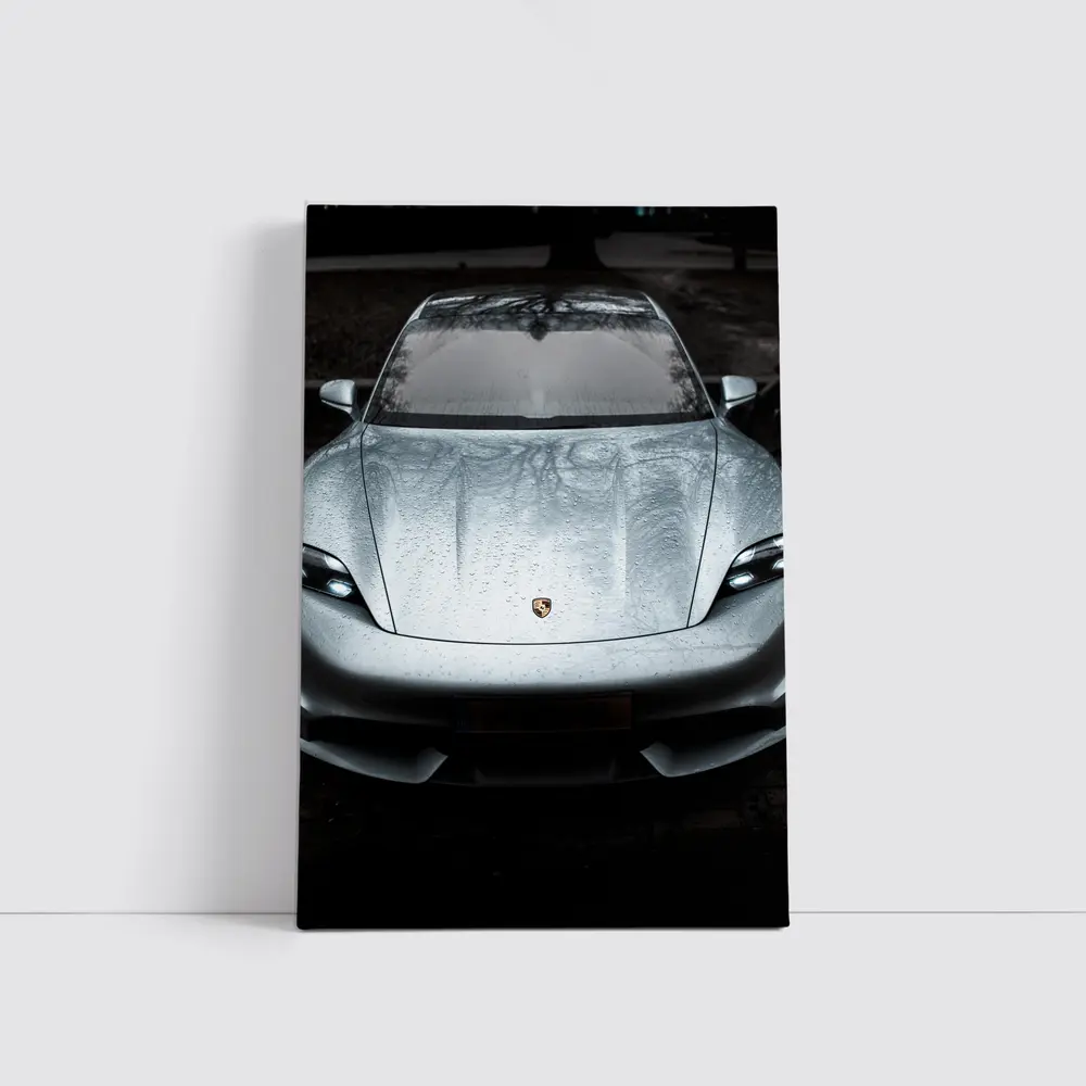 Porsche Taycan Silver Wet Hood Front View – Wall Art